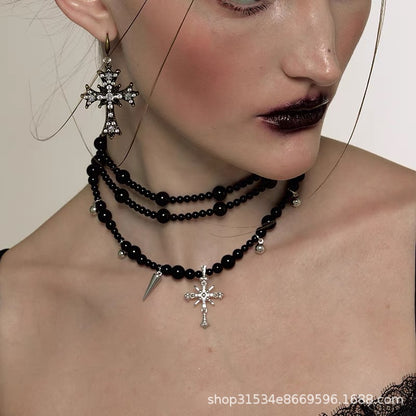 Dark Gothic Cross Beaded Multi-layer Sweater Necklace