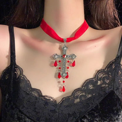 Gothic Blood Drop Tassel Exaggerated Punk Dark Cross Necklace