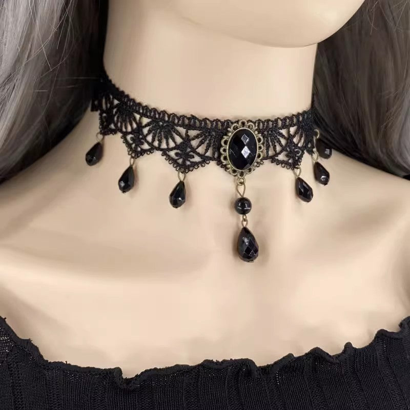 Gothic Retro Black Lace Tassel Collar Choker Necklace