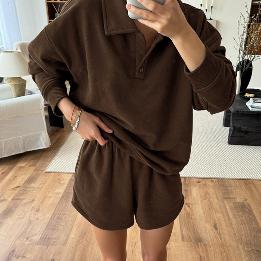 Vintage Chic Brown Relaxed Comfortable Stylish Casual Short-Sleeve Fall Suit