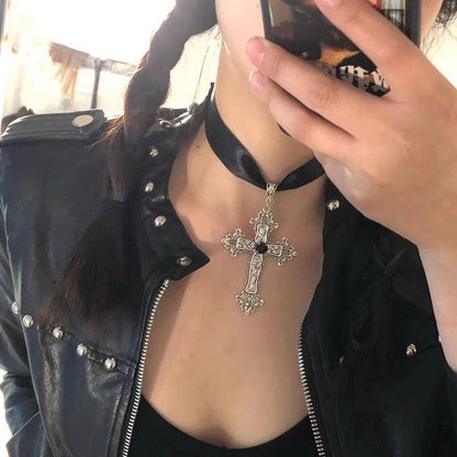 Gothic Blood Drop Tassel Exaggerated Punk Dark Cross Necklace