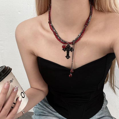 Gothic Dark Cross Tassel Necklace