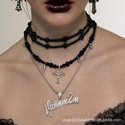 Dark Gothic Cross Beaded Multi-layer Sweater Necklace