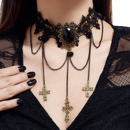 Gothic Blood Drop Gem Tassel Cross Halloween Necklace