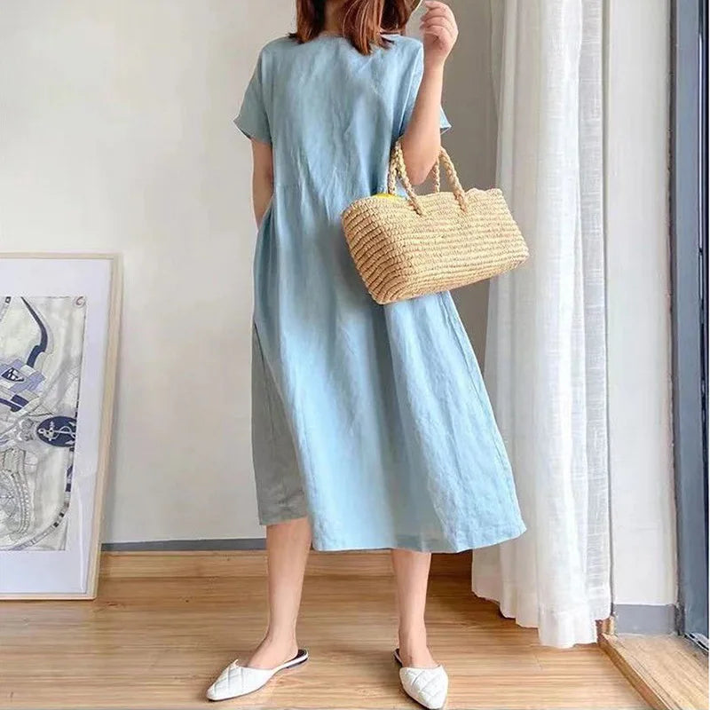 Orange Casual Chic O-Neck Loose Pullover Korean Mid-Calf Spring Midi Dresses