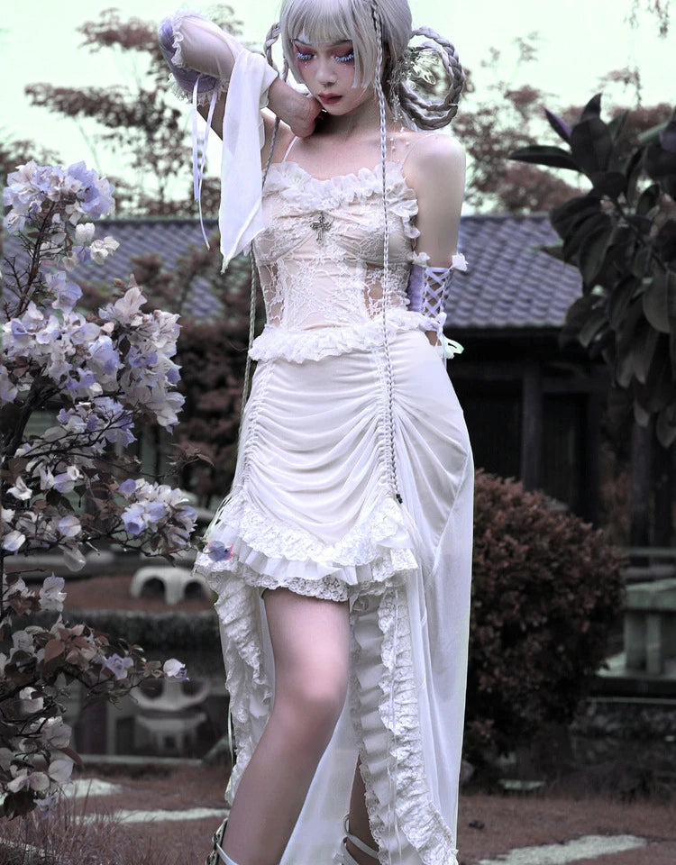 White Gothic Rope Lace Flying Sleeve Stiletto Strap Asymmetric Light Lolita Summer Party Evening Dress