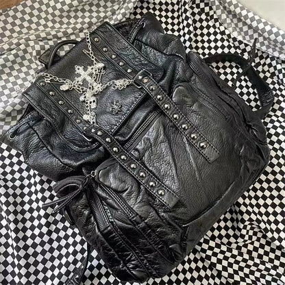 Y2K Girls Soft Leather Punk Skull Cross Chain Korean Style Gothic Backpack Bag