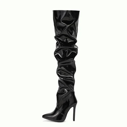 Women Fashion Pointed Toe Black Side Zipper Thin Heels Shiny Pleated Knee High Boots