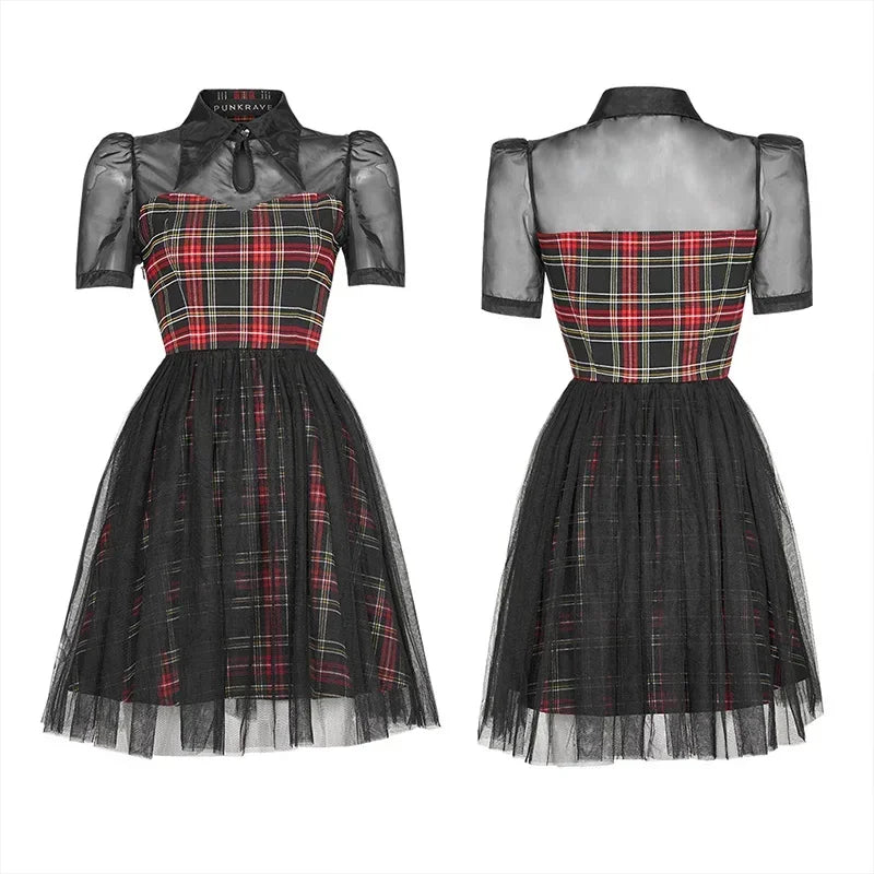 Daily Lace Organza Spliced Plaid Short Sleeve A-Line Sexy Casual Gothic Dress