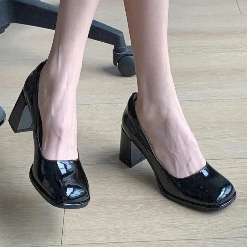 Patent Leather Elegant Office Black Highs Women Shal Mouth Square Toe Shoes Low Heel Pumps