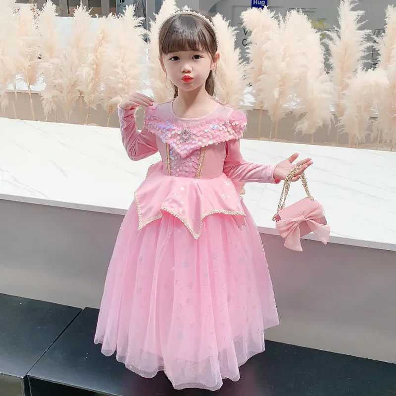 Pink Sleeping Beauty Aurora Cosplay Spring Autumn Birthday Party Elegant Princess Kid Costume