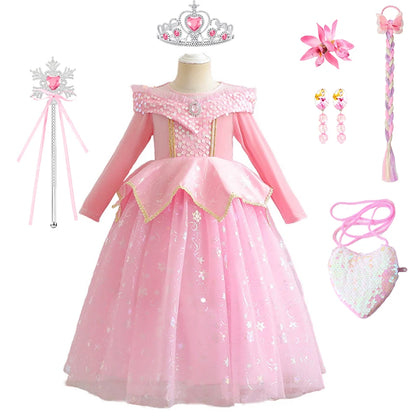 Pink Sleeping Beauty Aurora Cosplay Spring Autumn Birthday Party Elegant Princess Kid Costume