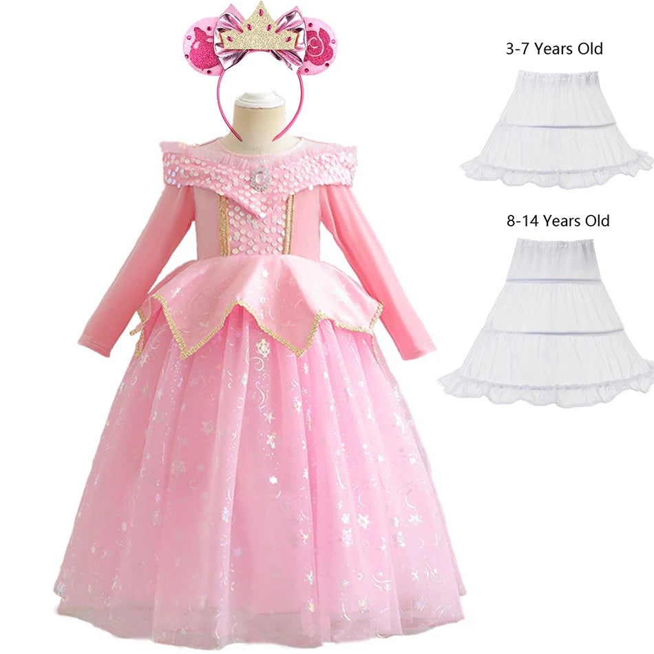 Pink Sleeping Beauty Aurora Cosplay Spring Autumn Birthday Party Elegant Princess Kid Costume