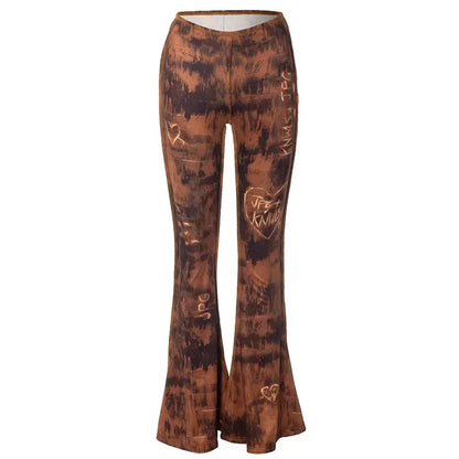 Brown Printed Flare Streetwear Vintage Low Rise Fashion Jeans