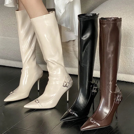 Unique Chic Stylish Pointed Toe Buckle Design Knee High Boots