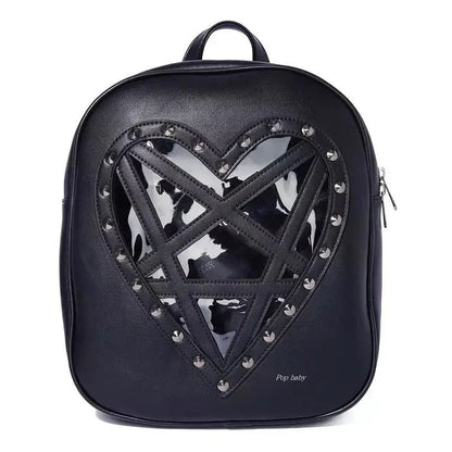 Punk Rock Black PU Leather Hollow Out Pentacle Heart Gothic Cosplay Bag