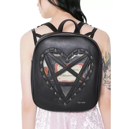 Punk Rock Black PU Leather Hollow Out Pentacle Heart Gothic Cosplay Bag