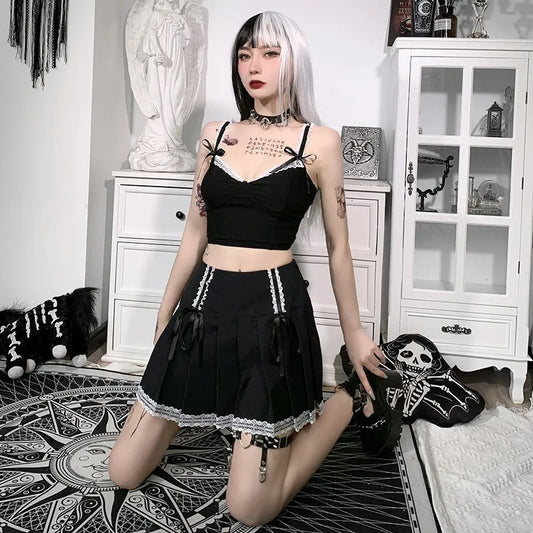 Dark Wind Bust Lolita Lace Contrast Gothic Harajuku Pleated Goth Black Korean Fashion Skirt