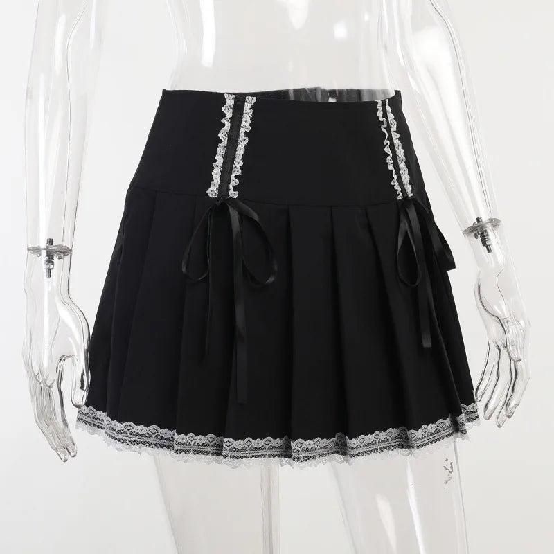 Dark Wind Bust Lolita Lace Contrast Gothic Harajuku Pleated Goth Black Korean Fashion Skirt