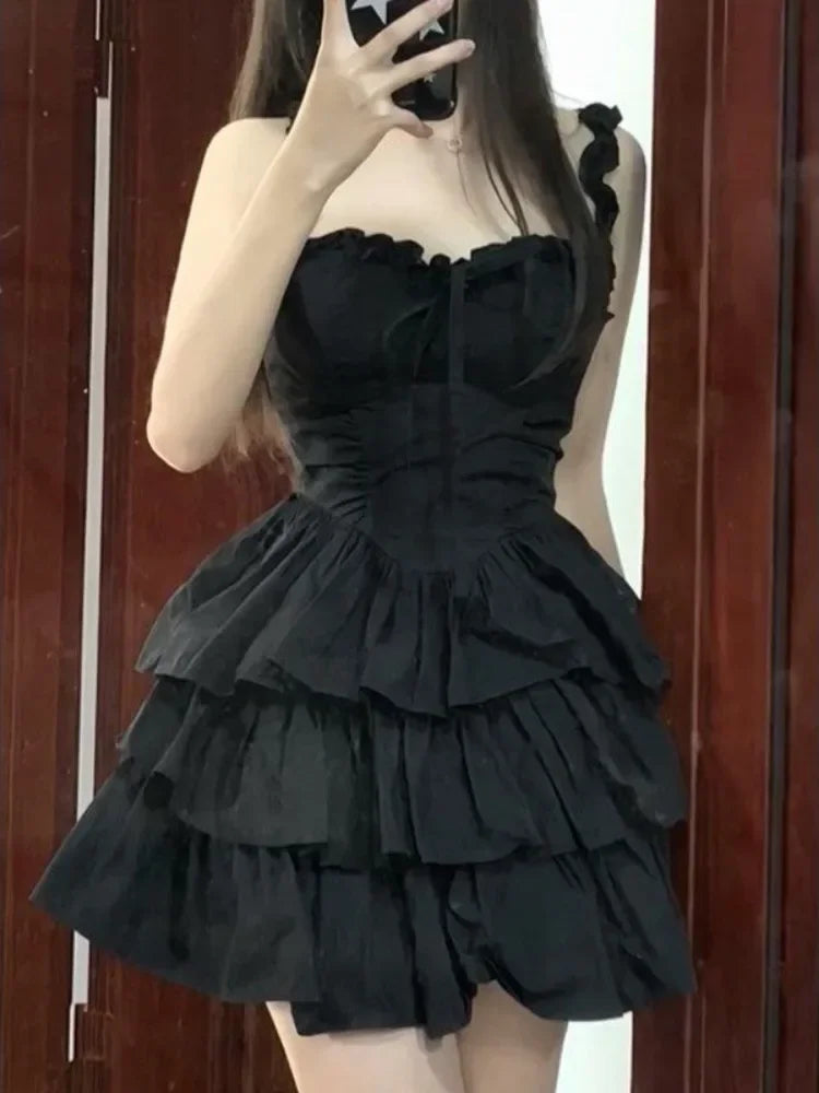 Hrajuku Goth Lolita Kawaii Cute Black Ruffles Soft Girl Y2K Coquette 2024 Fashion Cake Party Short Dress