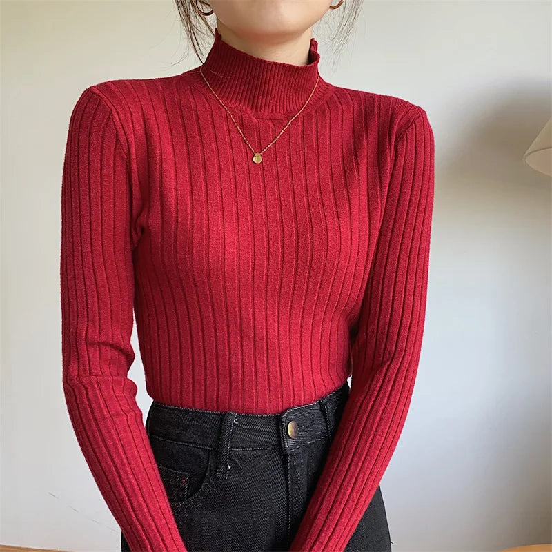 Red Casual Bottoming Spring Basic Stand Long Knitted Sweater