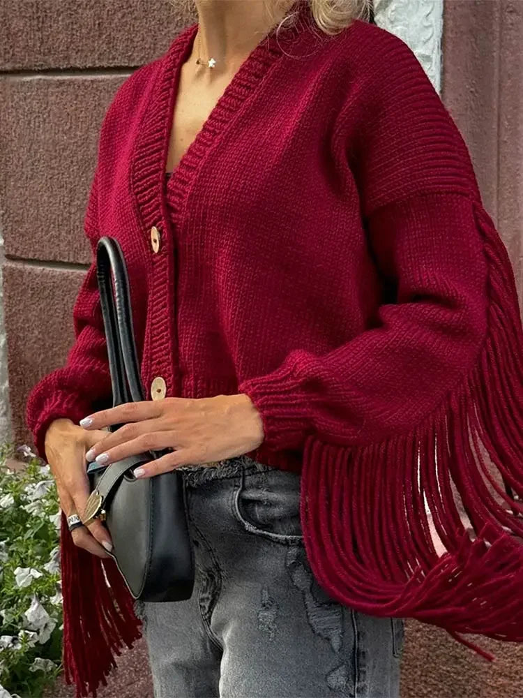 Red Tassels Patchwork V Neck Christmas Sweater