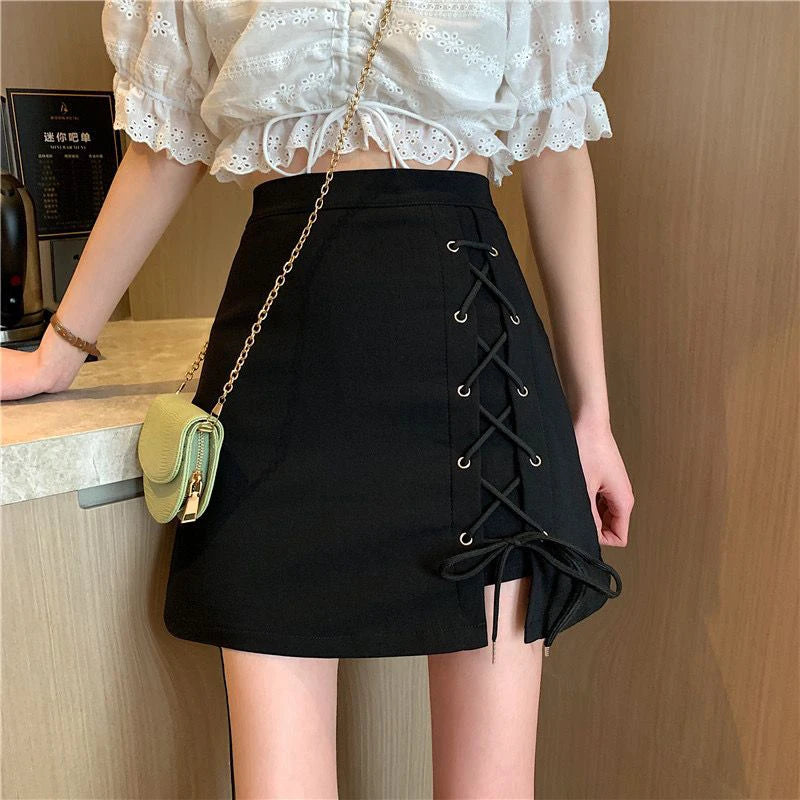 DressBetty - High Waist Lace Up Black A Line Mini Skirt