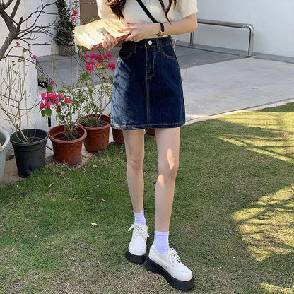 DressBetty - Korean Dark Blue High Waist Denim Mini Skirt