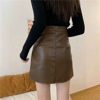 DressBetty - Pleated Pu Leather High Waist Irregular Skirt