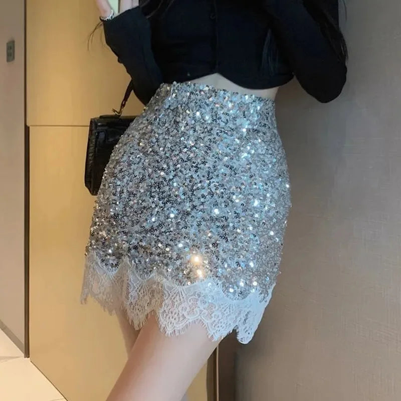 DressBetty - Sexy Silver Sequin Lace Patchwork Mini Skirt