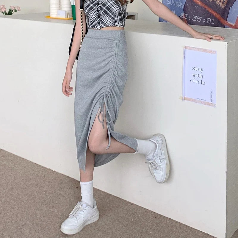 DressBetty - Solid Color Drawstring Side Split Streetwear Long Skirt