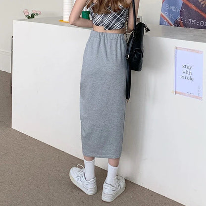 DressBetty - Solid Color Drawstring Side Split Streetwear Long Skirt