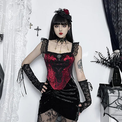 Gothic Punk Victorian Patchwork Ruched Lace Tube Bustier Crop Top