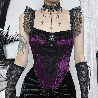 Gothic Punk Victorian Patchwork Ruched Lace Tube Bustier Crop Top