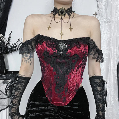 Gothic Punk Victorian Patchwork Ruched Lace Tube Bustier Crop Top