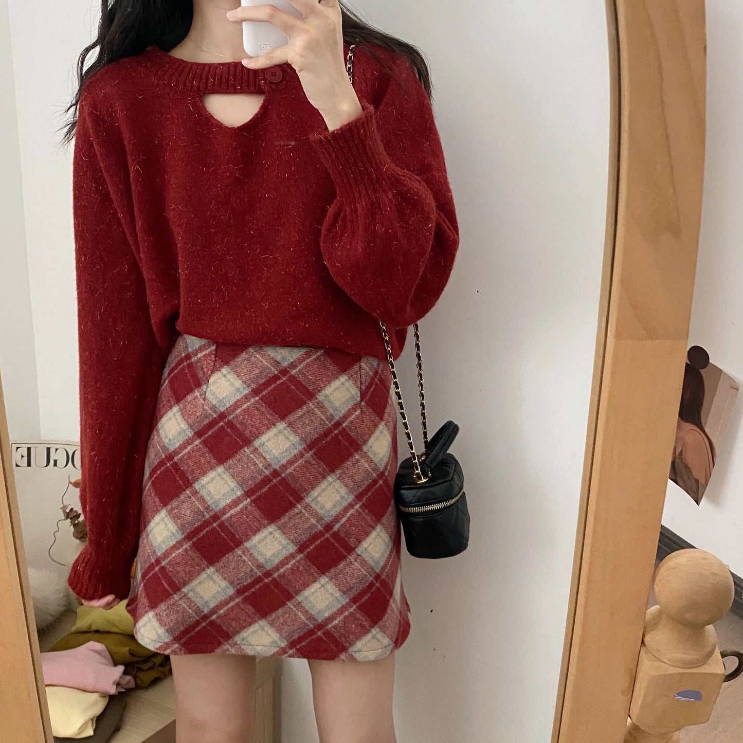 Mini Plaid A-line Red Style All-match Woolen Daily Skirt