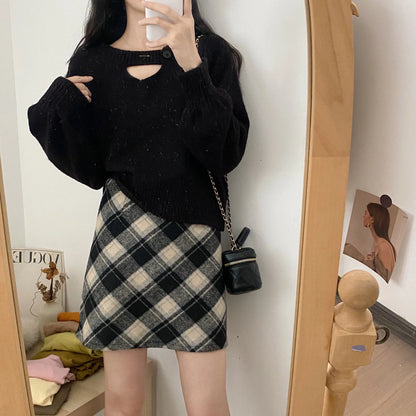 Mini Plaid A-line Red Style All-match Woolen Daily Skirt