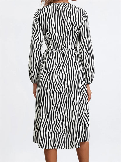 Long Sleeve V-Neck Zebra Striped Print Tie-Up Casual Midi Dress