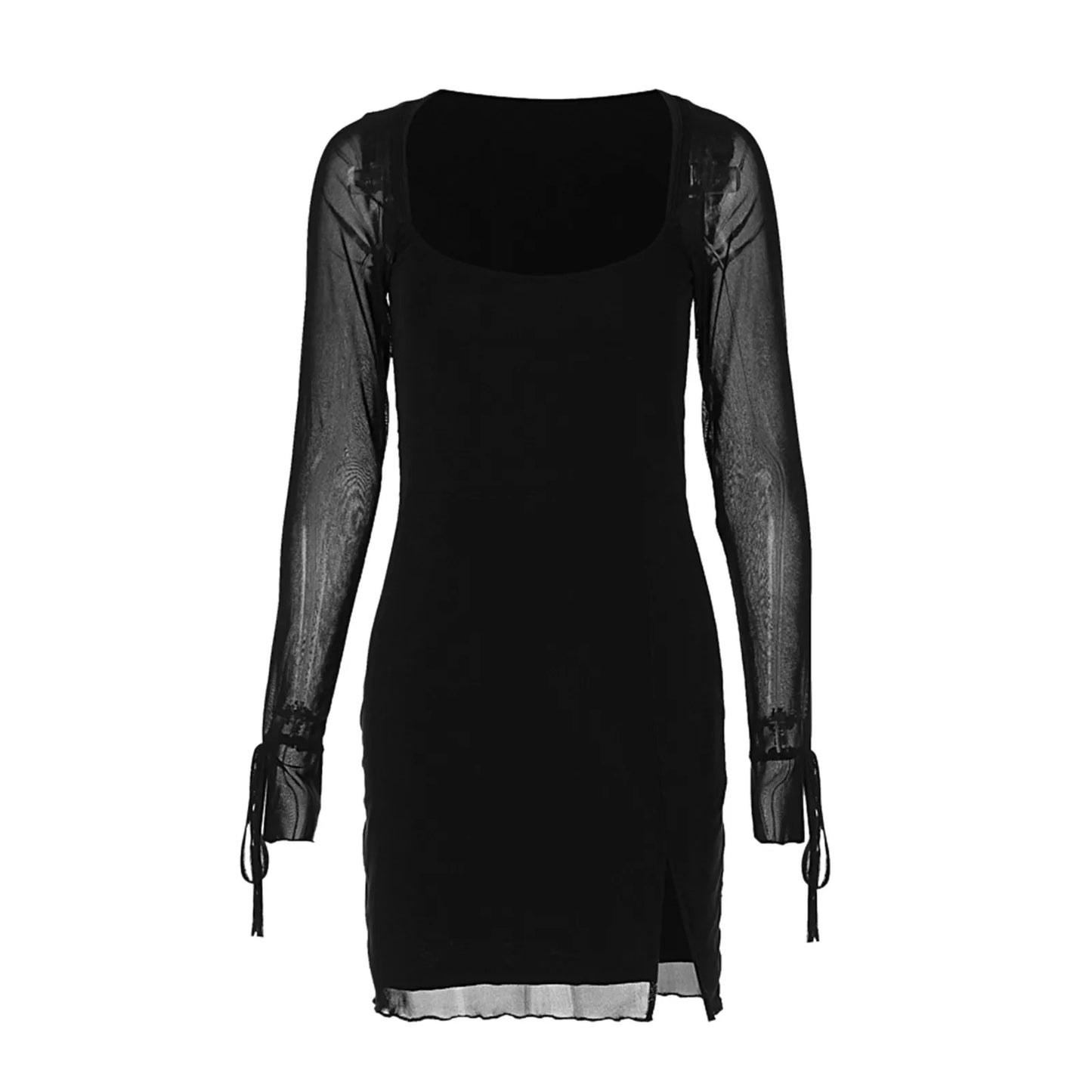 See Through Mesh Square Collar Solid Color Sexy Club Slit Mini Dress