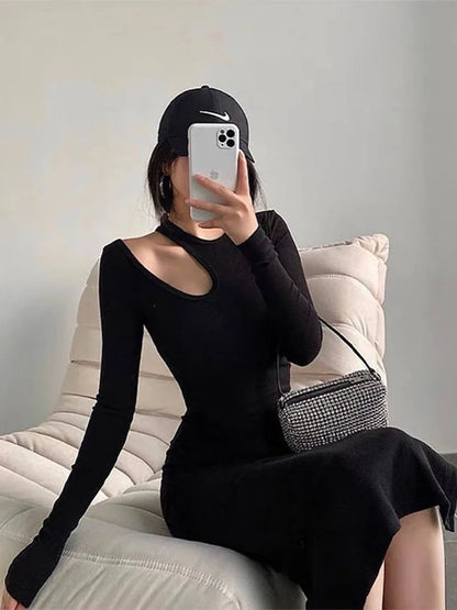 Sexy Cut Out O-neck Long Sleeve Solid Casual Midi Dresses