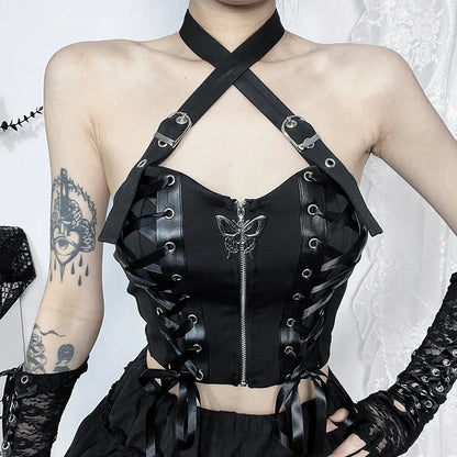 Sexy PU Camisole Grunge Gothic Bandage Zipper Backless Streetwear Aesthetic Leather Crop Top