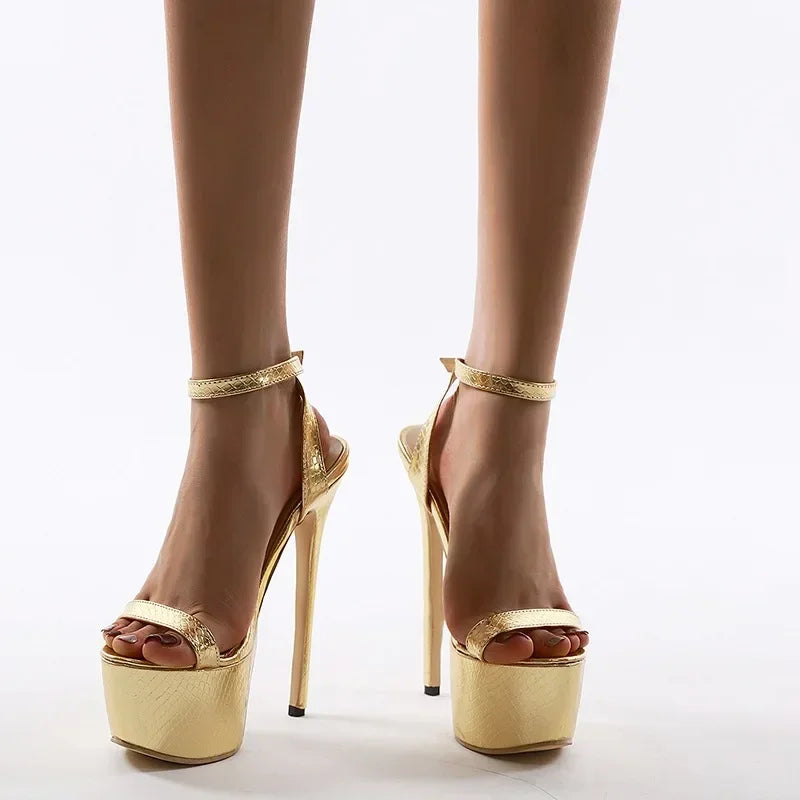 Peep Toe Buckle Strap Catwalk Wedding Gold Platform Thin Heel High Heel