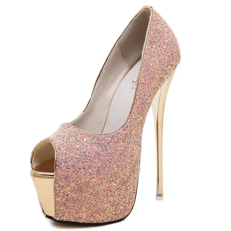 Gorgeous Peep Toe Platform Ultra High Heel Designer Bling Sequins High Heel