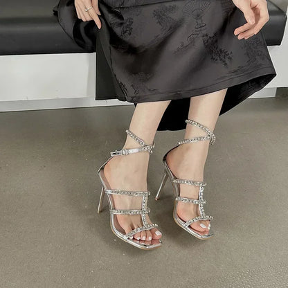 Square Head Thin High Heel Women's Sandals Rhinestone Ankle Buckle High Heel