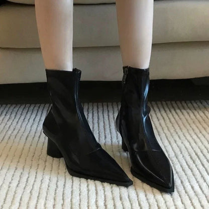 Sexy Pointed Toe Black Matte Simple Versatile Modern Ankle Boot