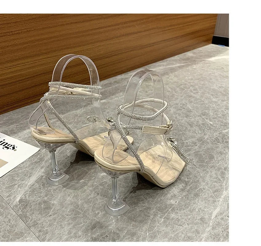 Rhinestone Butterfly-knot Jelly Transparent High Heel Summer High Heel