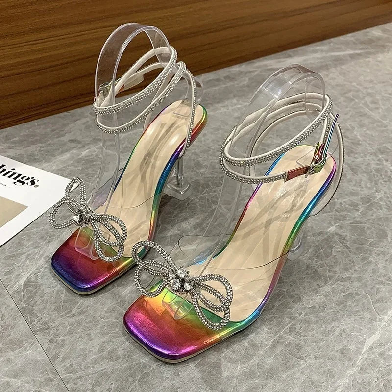 Rhinestone Butterfly-knot Jelly Transparent High Heel Summer High Heel