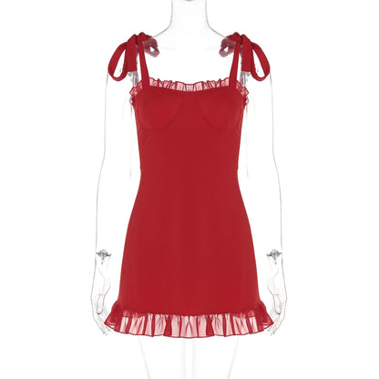 Red Ruffle Mini Bodycon Pleated Christmas Party Dress