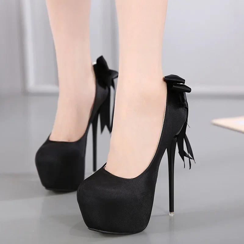 Black Pumps Silk Round Toe Platform Slip-On Shallow Thin Heeled High Heel