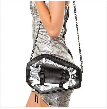 Skeleton Coffin Gothic Bat Black PU Leather Crossbody Bag